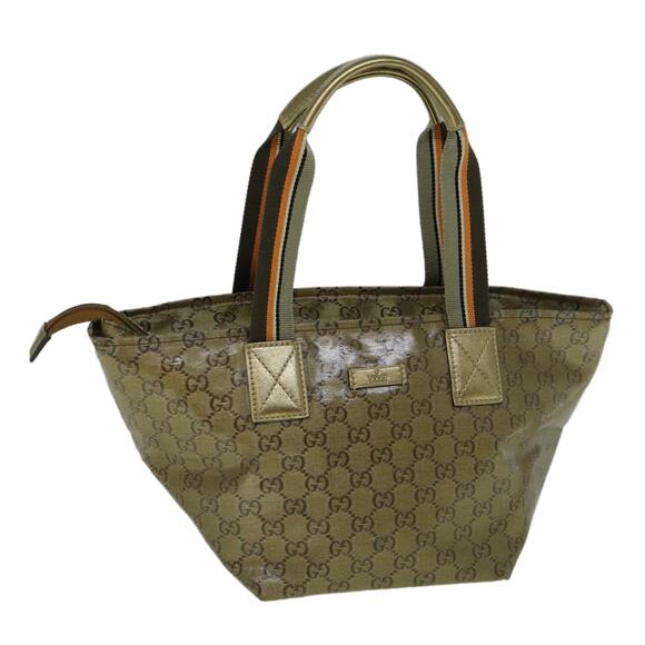 GUCCI GG Crystal Sherry Line Tote Bag Gold Tone Brown Gray - Picture 1 of 16